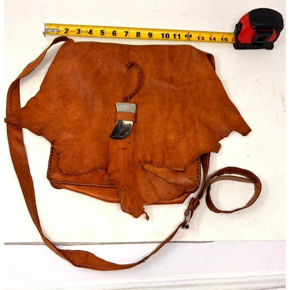 Handmade Brown Leather  Messenger Bag Cowhide Flap Horn Toggle Boho From Spain